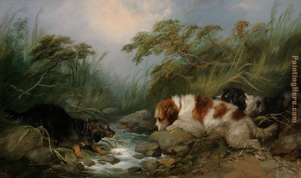 Three Dogs by a Brook painting - George Armfield Three Dogs by a Brook art painting